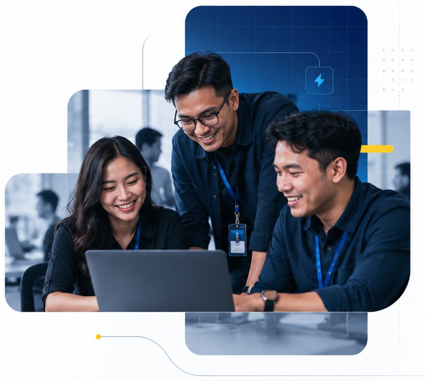 Tim DreamMobile berdiskusi di depan laptop